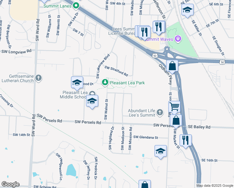 map of restaurants, bars, coffee shops, grocery stores, and more near 605 Holloway Lane in Lee's Summit