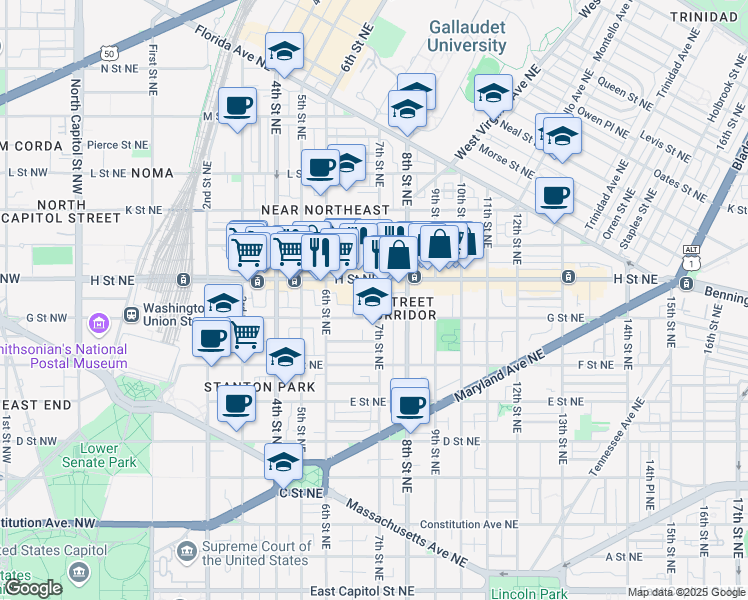 map of restaurants, bars, coffee shops, grocery stores, and more near 718 7th Street Northeast in Washington