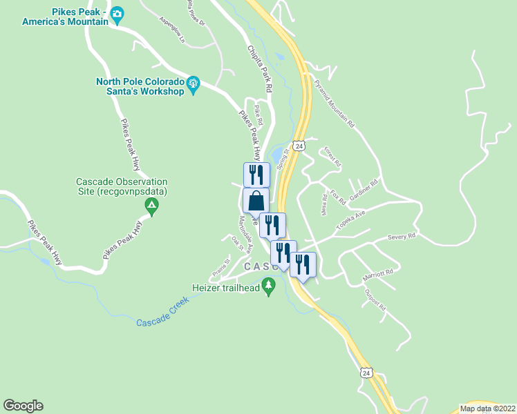 map of restaurants, bars, coffee shops, grocery stores, and more near 4615 Fountain Avenue in Cascade-Chipita Park