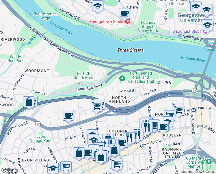 map of restaurants, bars, coffee shops, grocery stores, and more near 2149 North Courthouse Road in Arlington