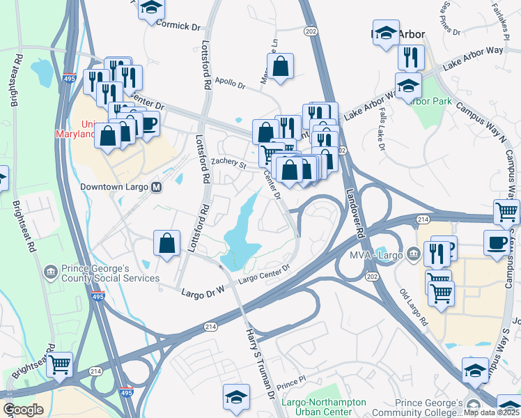 map of restaurants, bars, coffee shops, grocery stores, and more near 9708 Lake Point Court in Upper Marlboro