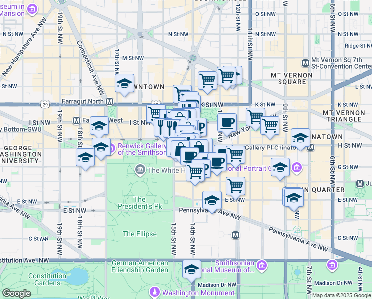map of restaurants, bars, coffee shops, grocery stores, and more near 1425 New York Avenue Northwest in Washington