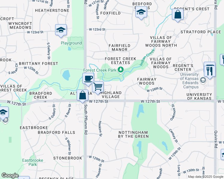 map of restaurants, bars, coffee shops, grocery stores, and more near 12617 Hauser Drive in Overland Park