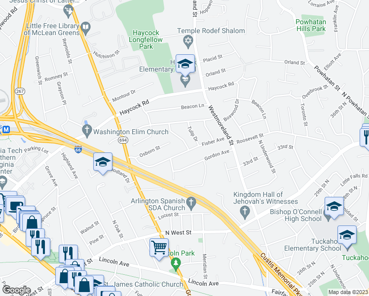 map of restaurants, bars, coffee shops, grocery stores, and more near 2230 Primrose Drive in Falls Church