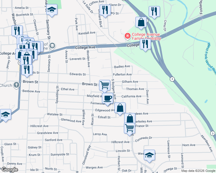 map of restaurants, bars, coffee shops, grocery stores, and more near 3327 Brown Street in Alton