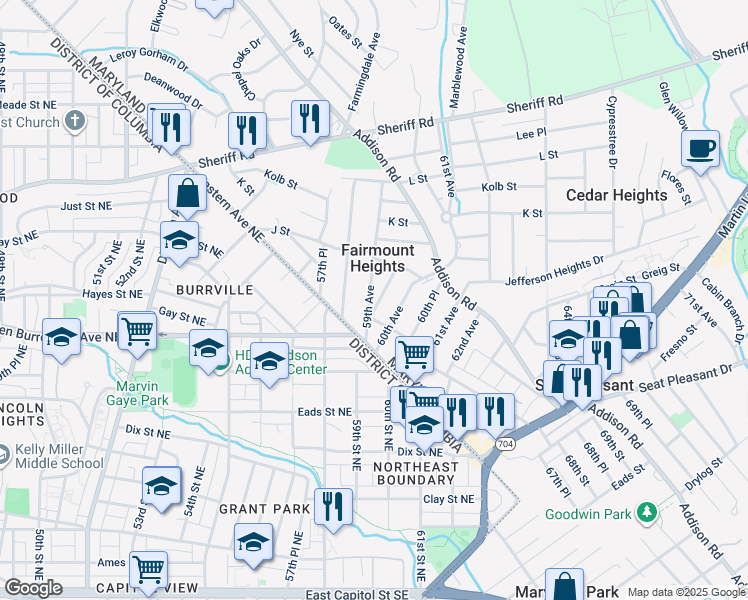 map of restaurants, bars, coffee shops, grocery stores, and more near 703 59th Avenue in Fairmount Heights