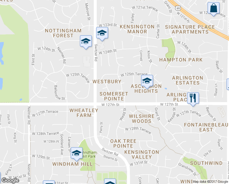 map of restaurants, bars, coffee shops, grocery stores, and more near 10013 West 126th Street in Overland Park