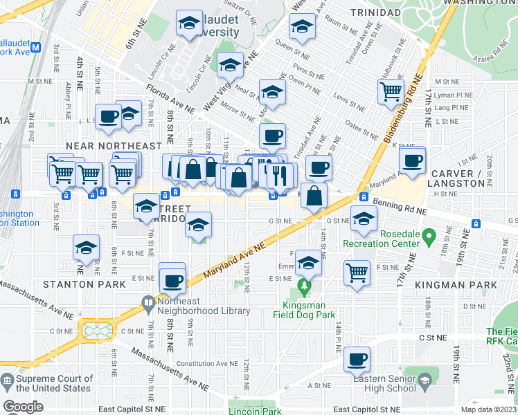 map of restaurants, bars, coffee shops, grocery stores, and more near Linden Place Northeast in Washington