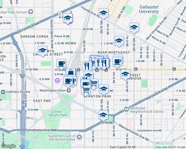 map of restaurants, bars, coffee shops, grocery stores, and more near 748 3rd Street Northeast in Washington
