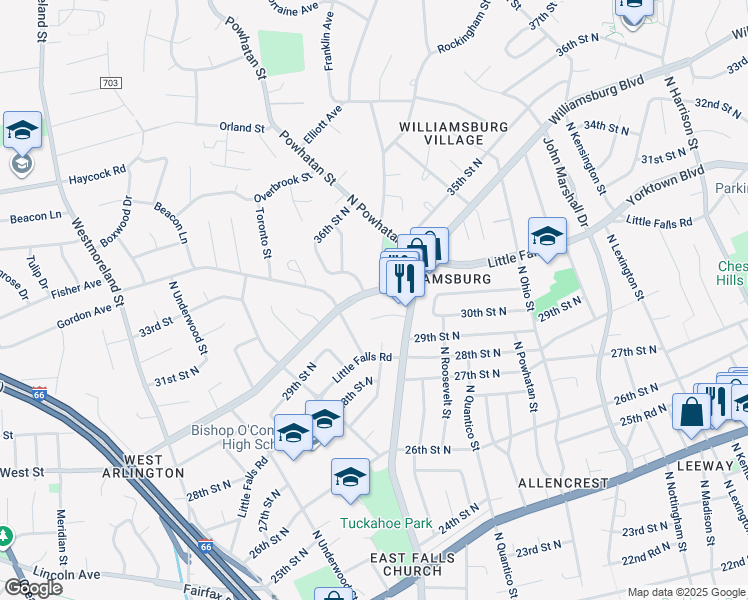 map of restaurants, bars, coffee shops, grocery stores, and more near 6530 Williamsburg Boulevard in Arlington