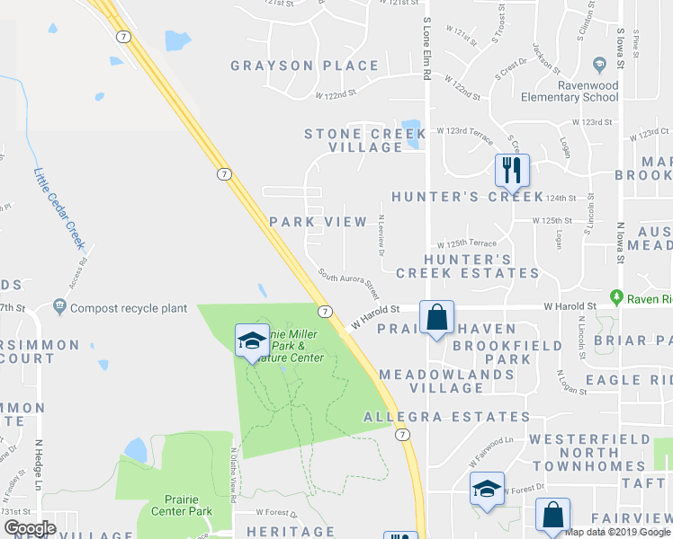 map of restaurants, bars, coffee shops, grocery stores, and more near 1201 North Leeview Circle in Olathe