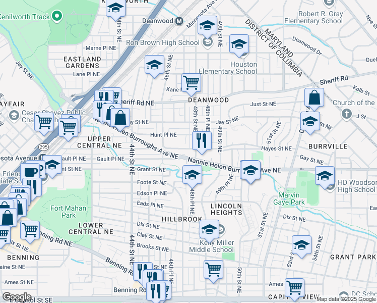 map of restaurants, bars, coffee shops, grocery stores, and more near 4647 Hayes Street Northeast in Washington