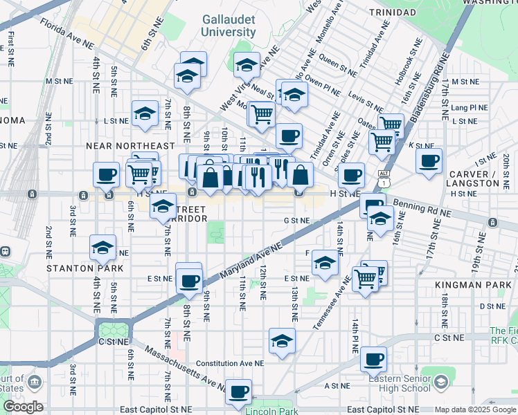 map of restaurants, bars, coffee shops, grocery stores, and more near 718 12th Street Northeast in Washington