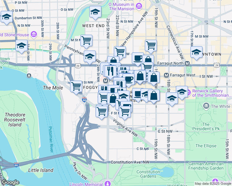 map of restaurants, bars, coffee shops, grocery stores, and more near 2212 H Street Northwest in Washington