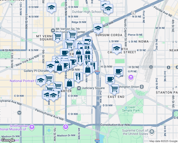 map of restaurants, bars, coffee shops, grocery stores, and more near 300 Massachusetts Avenue Northwest in Washington