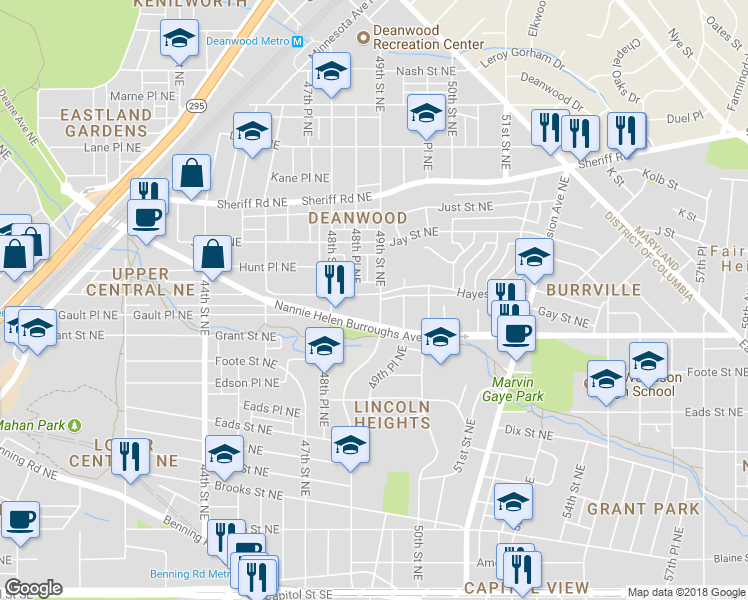 map of restaurants, bars, coffee shops, grocery stores, and more near 728 49th Street Northeast in Washington