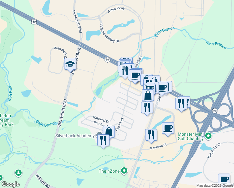 map of restaurants, bars, coffee shops, grocery stores, and more near 14615 Icelandic Place in Chantilly