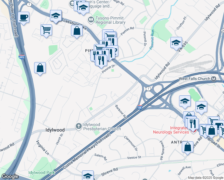 map of restaurants, bars, coffee shops, grocery stores, and more near 2254 Cartbridge Road in Falls Church
