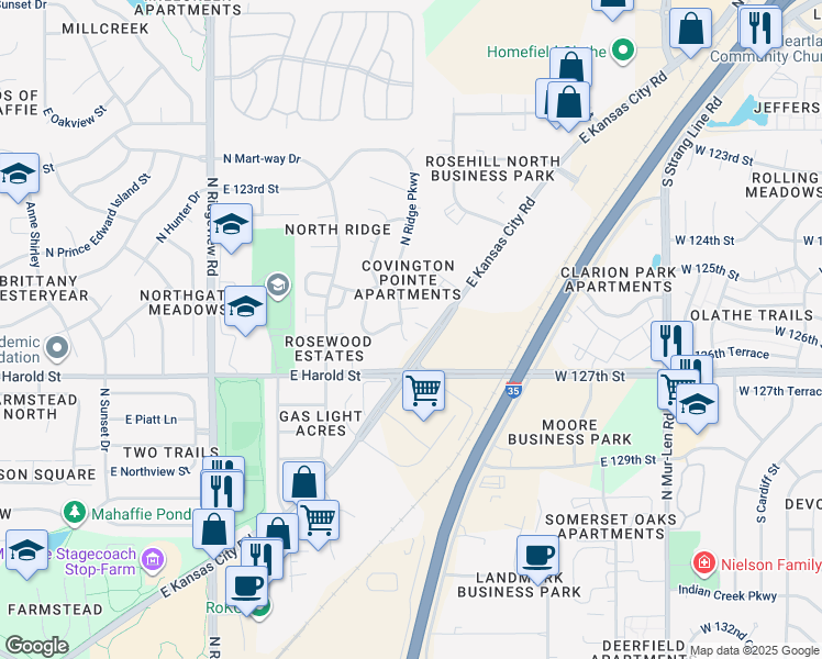 map of restaurants, bars, coffee shops, grocery stores, and more near 1792 East 125th Street in Olathe