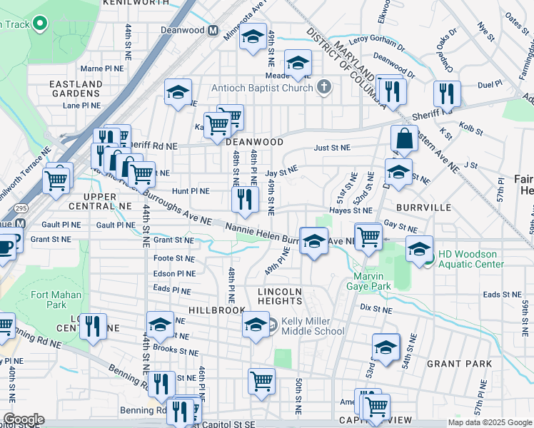 map of restaurants, bars, coffee shops, grocery stores, and more near 728 49th Street Northeast in Washington