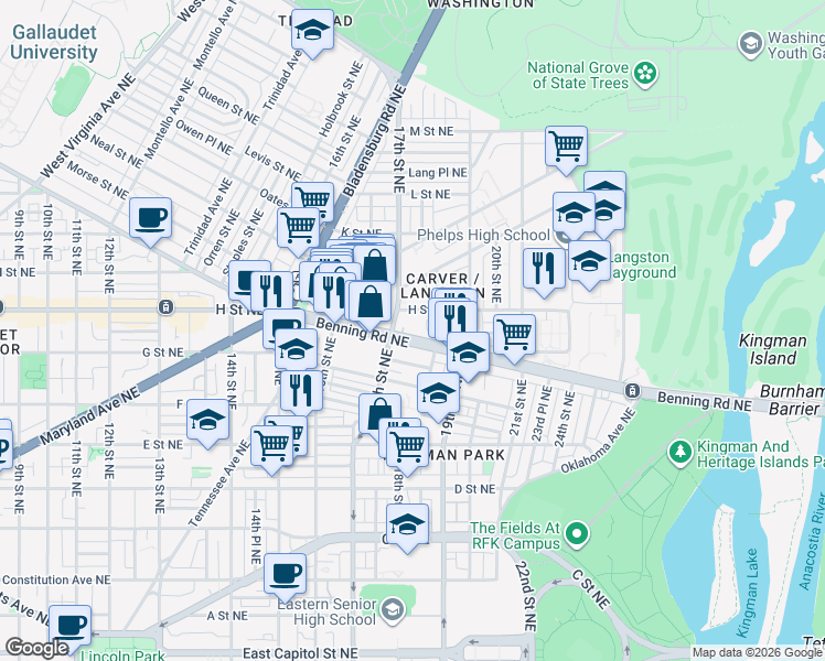 map of restaurants, bars, coffee shops, grocery stores, and more near 101 Independence Avenue Southeast in Washington