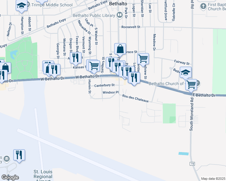 map of restaurants, bars, coffee shops, grocery stores, and more near 124 Windsor Place in Bethalto