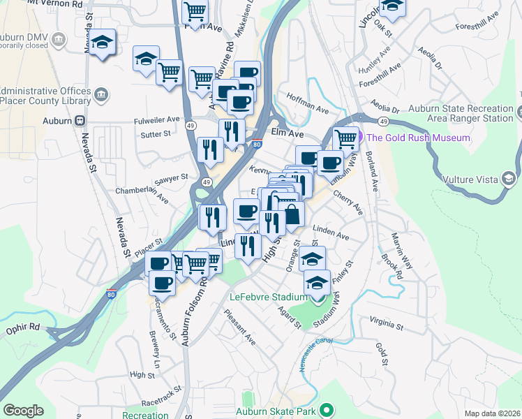 map of restaurants, bars, coffee shops, grocery stores, and more near 150 Pine Street in Auburn