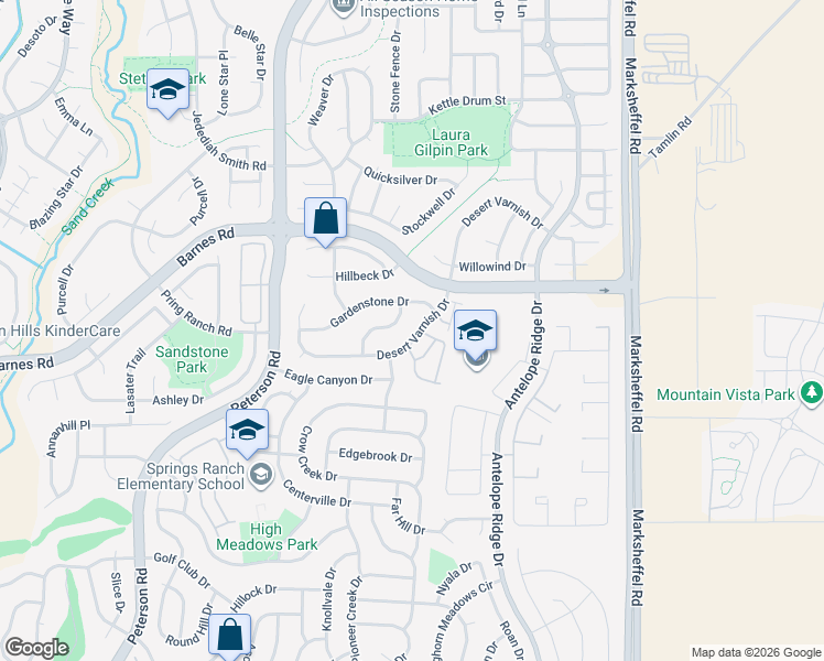map of restaurants, bars, coffee shops, grocery stores, and more near 4718 Desert Varnish Drive in Colorado Springs