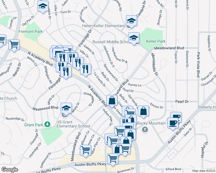 map of restaurants, bars, coffee shops, grocery stores, and more near 4615 La Cresta Drive in Colorado Springs