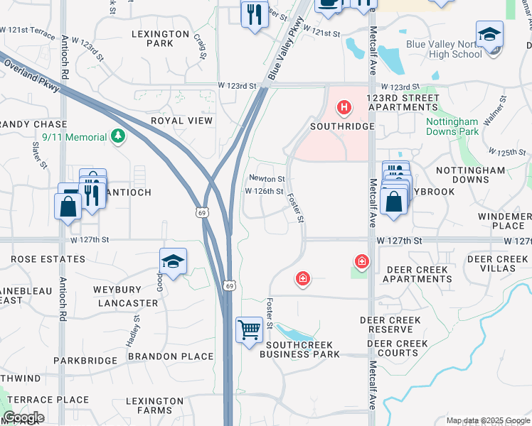 map of restaurants, bars, coffee shops, grocery stores, and more near 12613 Robinson Street in Overland Park