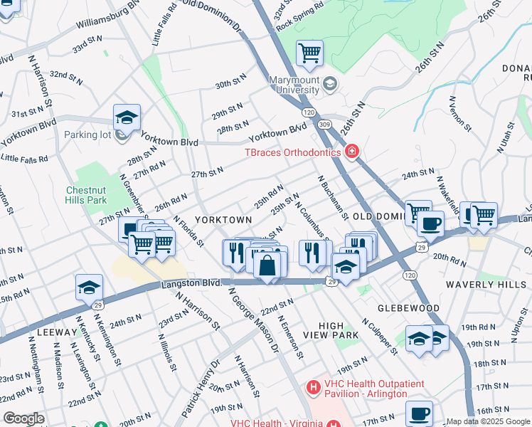 map of restaurants, bars, coffee shops, grocery stores, and more near 5013 25th Street North in Arlington