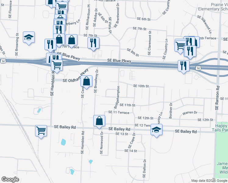 map of restaurants, bars, coffee shops, grocery stores, and more near 727 London Way in Lee's Summit