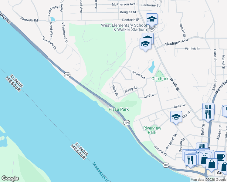 map of restaurants, bars, coffee shops, grocery stores, and more near 1200 Wise Street in Alton