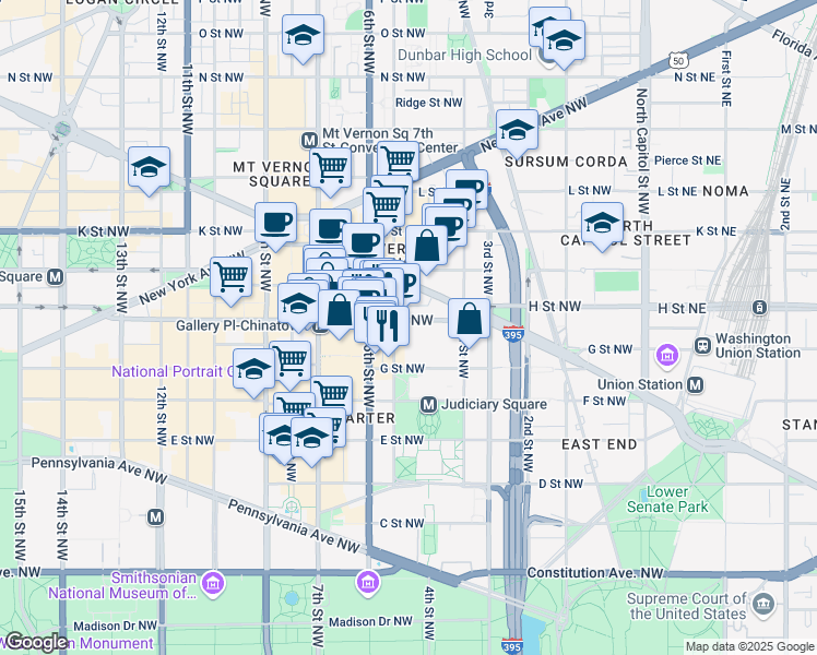 map of restaurants, bars, coffee shops, grocery stores, and more near 450 H Street Northwest in Washington