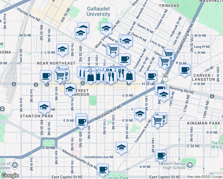 map of restaurants, bars, coffee shops, grocery stores, and more near 718 12th Street Northeast in Washington