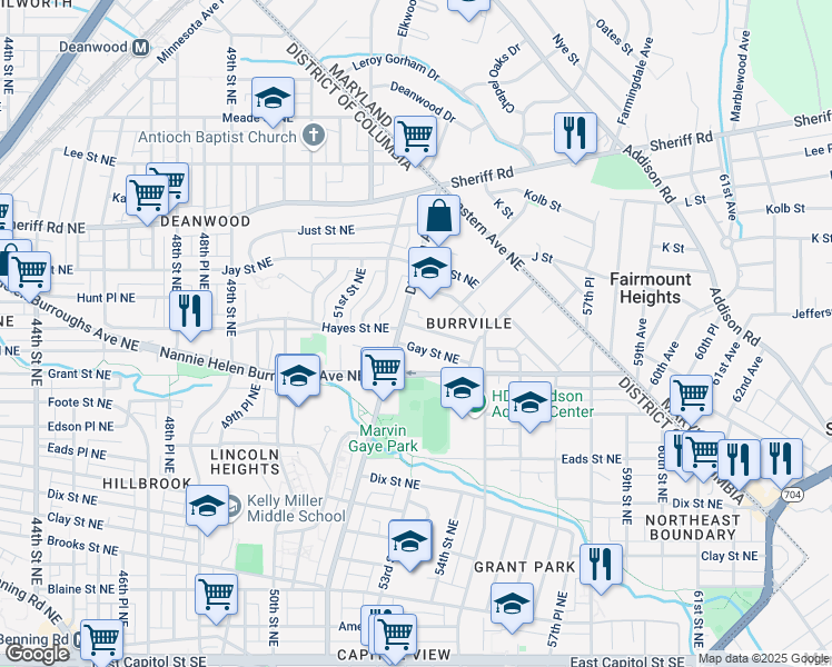 map of restaurants, bars, coffee shops, grocery stores, and more near 5311 Hayes Street Northeast in Washington