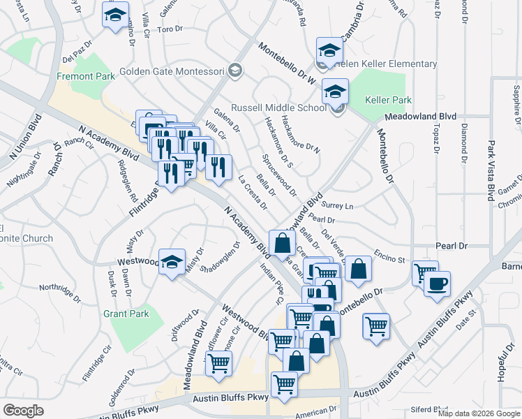 map of restaurants, bars, coffee shops, grocery stores, and more near 4615 La Cresta Drive in Colorado Springs