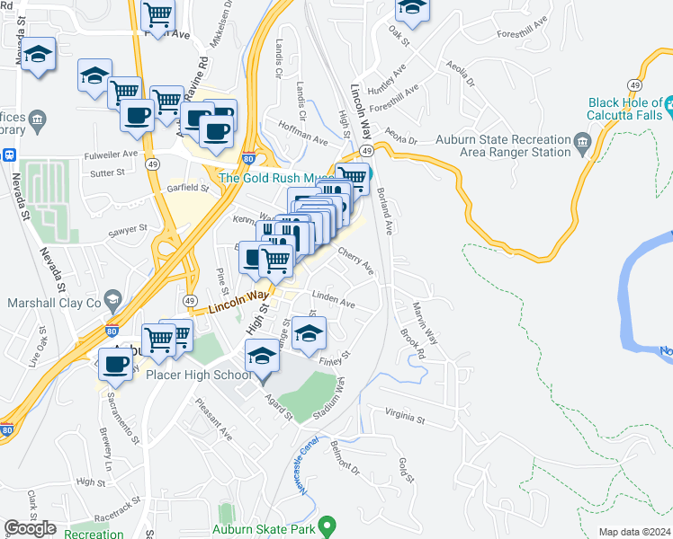 map of restaurants, bars, coffee shops, grocery stores, and more near 102 Hillmont Avenue in Auburn
