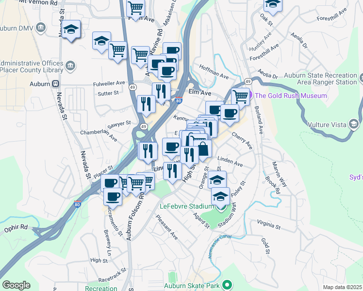 map of restaurants, bars, coffee shops, grocery stores, and more near 150 Pine Street in Auburn