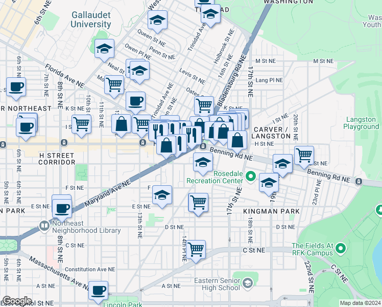 map of restaurants, bars, coffee shops, grocery stores, and more near 101 Independence Avenue Southeast in Washington