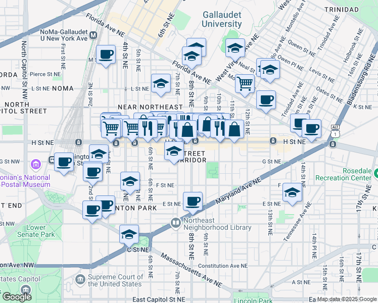 map of restaurants, bars, coffee shops, grocery stores, and more near 101 Independence Avenue Southeast in Washington
