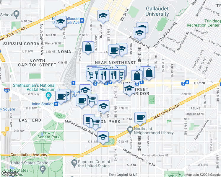 map of restaurants, bars, coffee shops, grocery stores, and more near 101 Independence Avenue Southeast in Washington