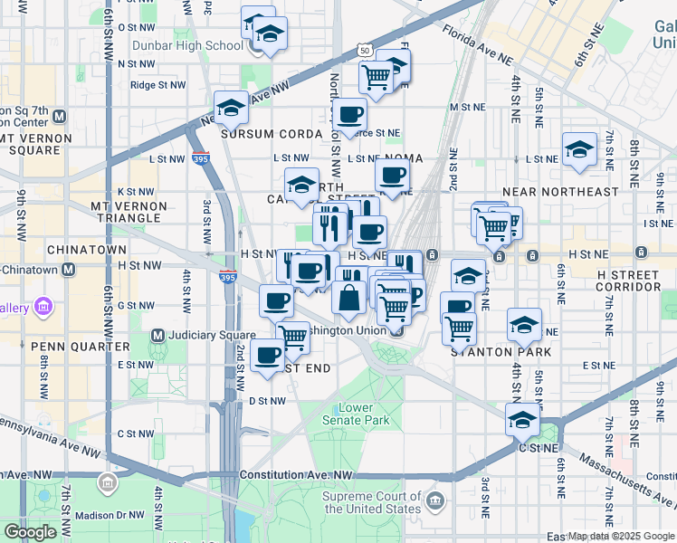 map of restaurants, bars, coffee shops, grocery stores, and more near 101 Independence Avenue Southeast in Washington
