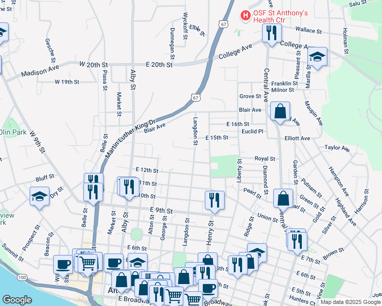 map of restaurants, bars, coffee shops, grocery stores, and more near 423 East 14th Street in Alton