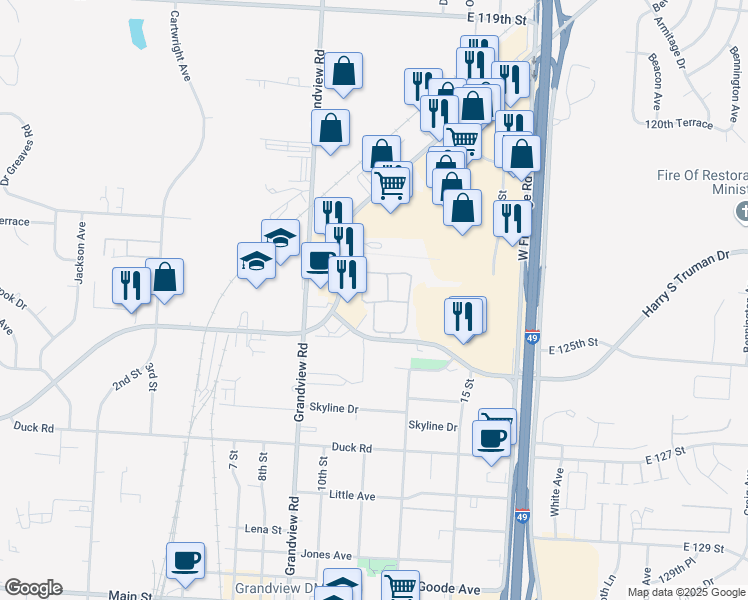 map of restaurants, bars, coffee shops, grocery stores, and more near 5316 Harry S Truman Drive in Grandview