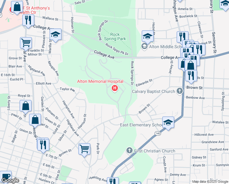 map of restaurants, bars, coffee shops, grocery stores, and more near 1 Memorial Drive in Alton