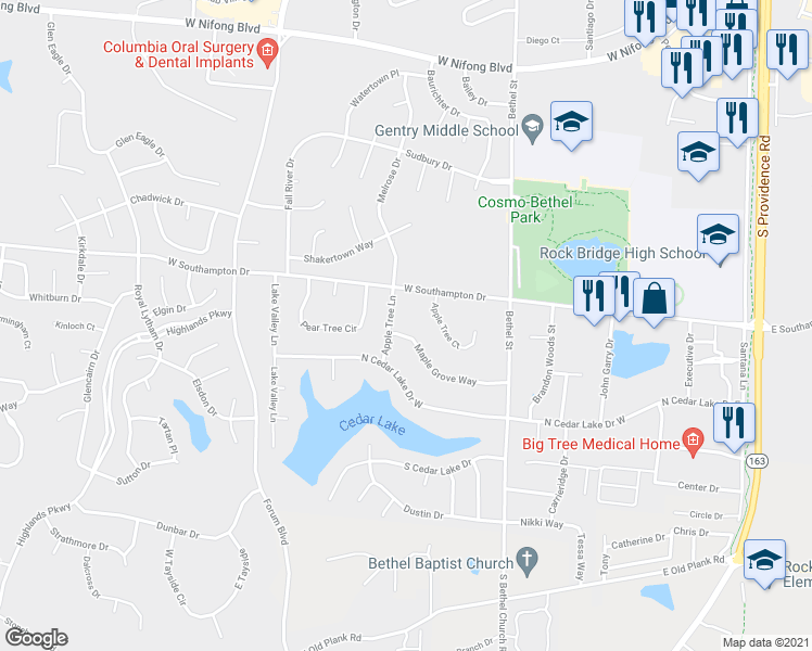 map of restaurants, bars, coffee shops, grocery stores, and more near 455-457 Maple Grove Way in Columbia