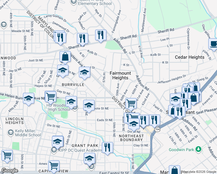 map of restaurants, bars, coffee shops, grocery stores, and more near 708 58th Avenue in Fairmount Heights