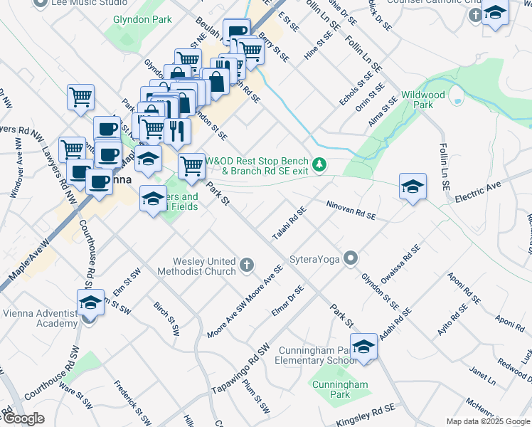 map of restaurants, bars, coffee shops, grocery stores, and more near 220 Manvell Road Southeast in Vienna