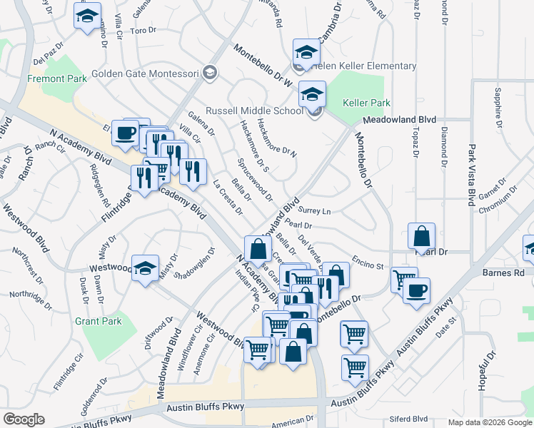 map of restaurants, bars, coffee shops, grocery stores, and more near 4603 Bella Drive in Colorado Springs